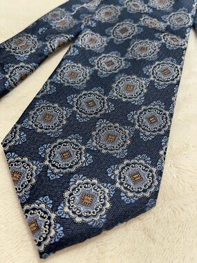Paul Fredrick Navy Medallion Pattern Silk Tie with Light Blue and Brown Accents